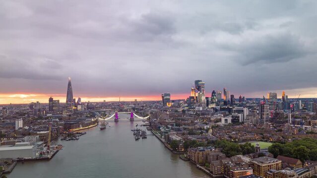 Cinematic Aerial Pamoramic View Of Tower Bridge London City Skyline The Shard And Thames River Hyperlapse Time Lapse View Of London Skyscraper UK, United Kingdom