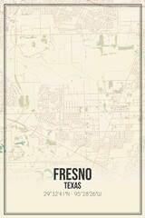 Retro US city map of Fresno, Texas. Vintage street map.