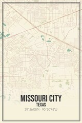 Retro US city map of Missouri City, Texas. Vintage street map.