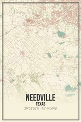 Retro US city map of Needville, Texas. Vintage street map.