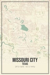 Retro US city map of Missouri City, Texas. Vintage street map.