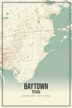 Retro US city map of Baytown, Texas. Vintage street map.