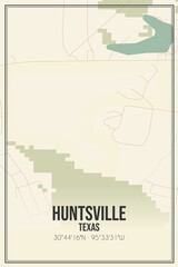 Retro US city map of Huntsville, Texas. Vintage street map.