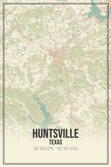 Retro US city map of Huntsville, Texas. Vintage street map.