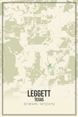 Retro US city map of Leggett, Texas. Vintage street map.