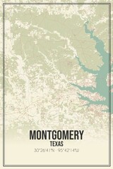 Retro US city map of Montgomery, Texas. Vintage street map.