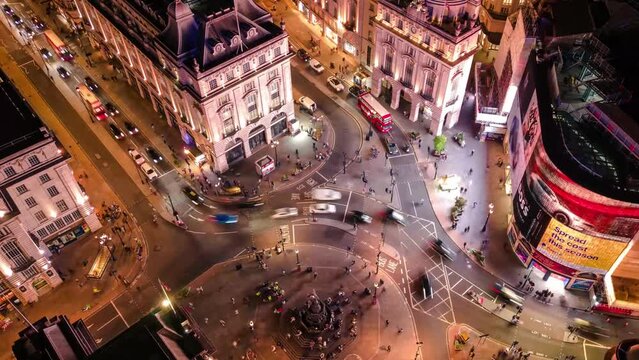 Establishing Aerial Top Down Timelapse of London UK Piccadilly Circus Regent Street and Leicester Square at Traffic Hour Cars And Double-Decker Bus Driving 