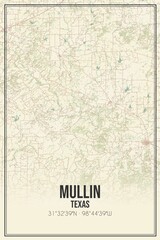 Retro US city map of Mullin, Texas. Vintage street map.