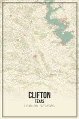 Retro US city map of Clifton, Texas. Vintage street map.