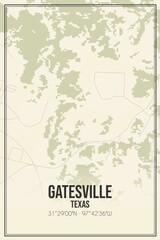 Retro US city map of Gatesville, Texas. Vintage street map.