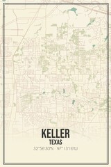 Retro US city map of Keller, Texas. Vintage street map.