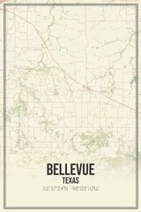 Retro US city map of Bellevue, Texas. Vintage street map.
