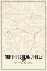 Retro US city map of North Richland Hills, Texas. Vintage street map.