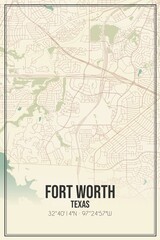 Retro US city map of Fort Worth, Texas. Vintage street map.