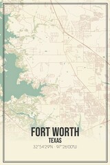 Retro US city map of Fort Worth, Texas. Vintage street map.
