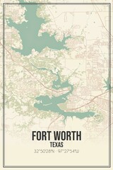 Retro US city map of Fort Worth, Texas. Vintage street map.