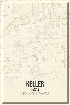 Retro US city map of Keller, Texas. Vintage street map.