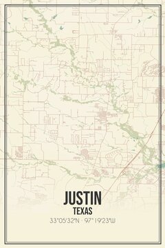 Retro US city map of Justin, Texas. Vintage street map.