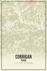 Retro US city map of Corrigan, Texas. Vintage street map.