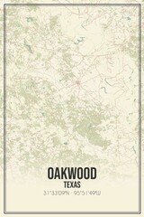 Retro US city map of Oakwood, Texas. Vintage street map.