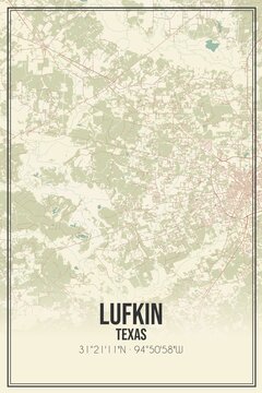 Retro US city map of Lufkin, Texas. Vintage street map.