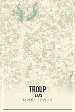 Retro US city map of Troup, Texas. Vintage street map.
