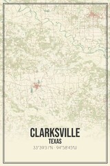 Retro US city map of Clarksville, Texas. Vintage street map.