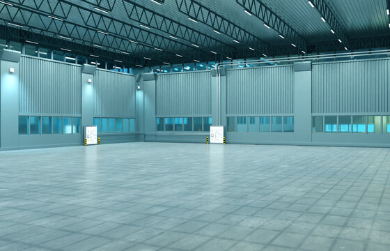 Warehouse interior.  New warehouse interior without shelving. Storage room for company products. Spacious hangar with metal roof. Rental industrial premises. 3d image.