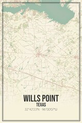 Retro US city map of Wills Point, Texas. Vintage street map.