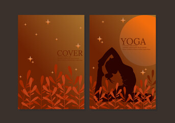 cover vector with silhouette illustration of woman in yoga pose. elegant background with abstract flowers. for books, sports journals, planners