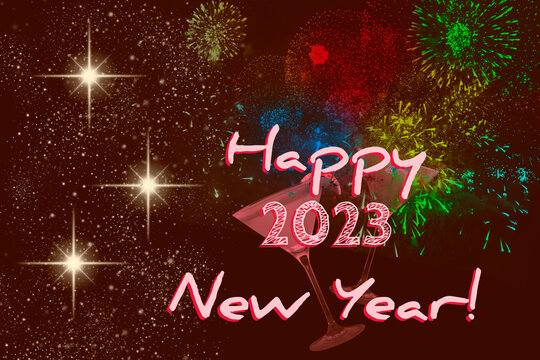 Happy New Year 2023 banner of dark red stars, two glasses and colored fireworks. Large space for text or image. Party marketing concept.