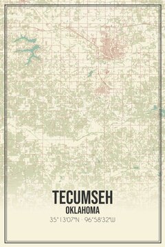 Retro US city map of Tecumseh, Oklahoma. Vintage street map.