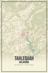 Retro US city map of Tahlequah, Oklahoma. Vintage street map.