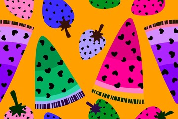 Summer cartoon kawaii fruit seamless strawberry and watermelon slices with hearts pattern for wrapping paper