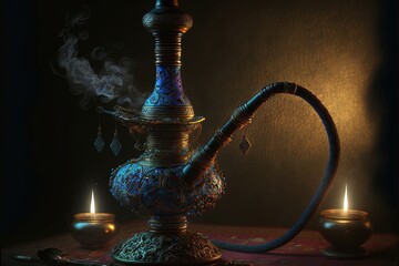 Fototapeta na wymiar Oriental Arabic hookah with smoke and neon light, night view. Antique hookah of precious metals and stones, oriental antiques. AI