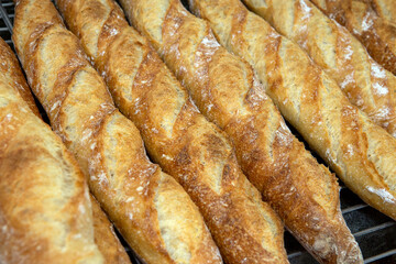 Stack of crispy baguettes at the bakery
