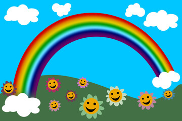 Illustration of a very colorful rainbow in a meadow with flowers drawn.