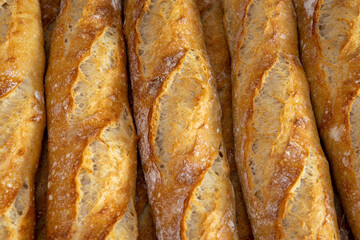 Stack of crispy baguettes at the bakery
