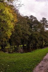 Walking along the river Derwent in autumn, trees reflecting in the Goit, Derbyshire, England
