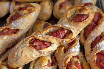 Stack of stuffed baguettes with sausage