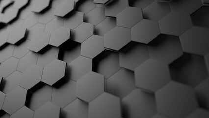 Hexagon tiles. Dark gray color. Abstract hexagon background. Honeycomb. Shallow depth of field. 3d illustration.