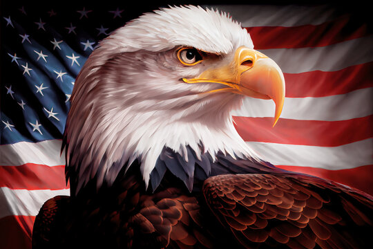 Illustration of an American bald eagle in front of USA's flag. The bald eagle is the emblem of the nation with its' fierce beauty and proud independence symbolizes the strength and freedom of America.