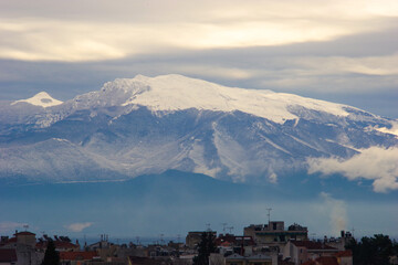 View of Paggaio mountain full of snow in winter, at north of Greece