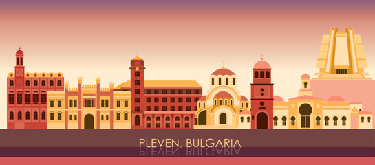 Obraz premium Sunset Skyline panorama of city of Pleven, Bulgaria - vector illustration