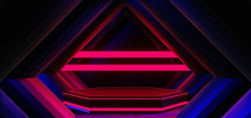 gaming background abstract wallpaper, cyberpunk style scifi game, neon glow of stage scene in pedestal room, 3d illustration rendering, esports team concept