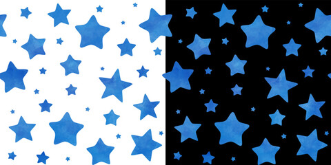 Blue watercolor stars seamless pattern on white and black background for wrapping paper, cover design, cards, flyer, poster, banner. Hand-drawn vector textured  illustration. Endless ornament.