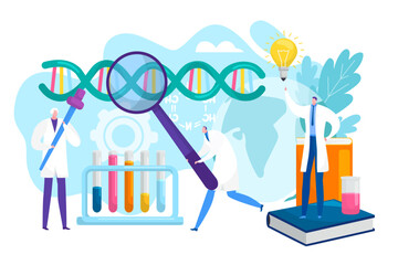 Laboratory research concept, vector illustration. Science, chemistry, biology, pharmacy and scientists researchers with pipette and flask.