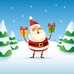 Cute and happy Santa Claus - winter landscape vector illustration