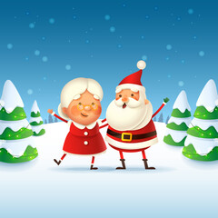 Mrs Claus and Santa Claus celebrate Christmas holidays - cute and happy vector illustration on winter landscape