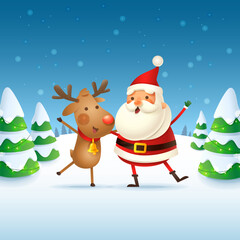 Reindeer and Santa Claus celebrate Christmas holidays - cute and happy vector illustration on winter landscape